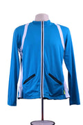 Front view of blue Pure Lime zip up sports jacket with white accents and zippered pockets