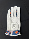 Women's white Skins Golf glove with whiskey motif on cuff, left hand small size, front view