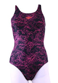 Front view of Speedo black swimsuit with pink pattern and logo