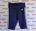Navy Adidas sports leggings with white side stripes displayed on hanger