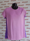 Front view of Nike pink Dri-Fit women's running top with purple trim, size XL