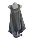 Front view of grey Nike Dri-Fit women's sports vest with pink logo and blue stripes