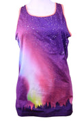 Front view of Sweaty Betty galaxy print purple sports vest with racerback design