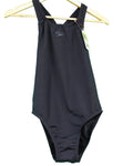 Front view of Speedo women's black swimming suit size 12 on hanger