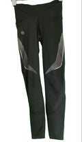 Front view of black Under Armour compression sports leggings with reflective stripes