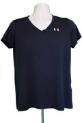 Front view of women's black Under Armour V-neck sports top on mannequin