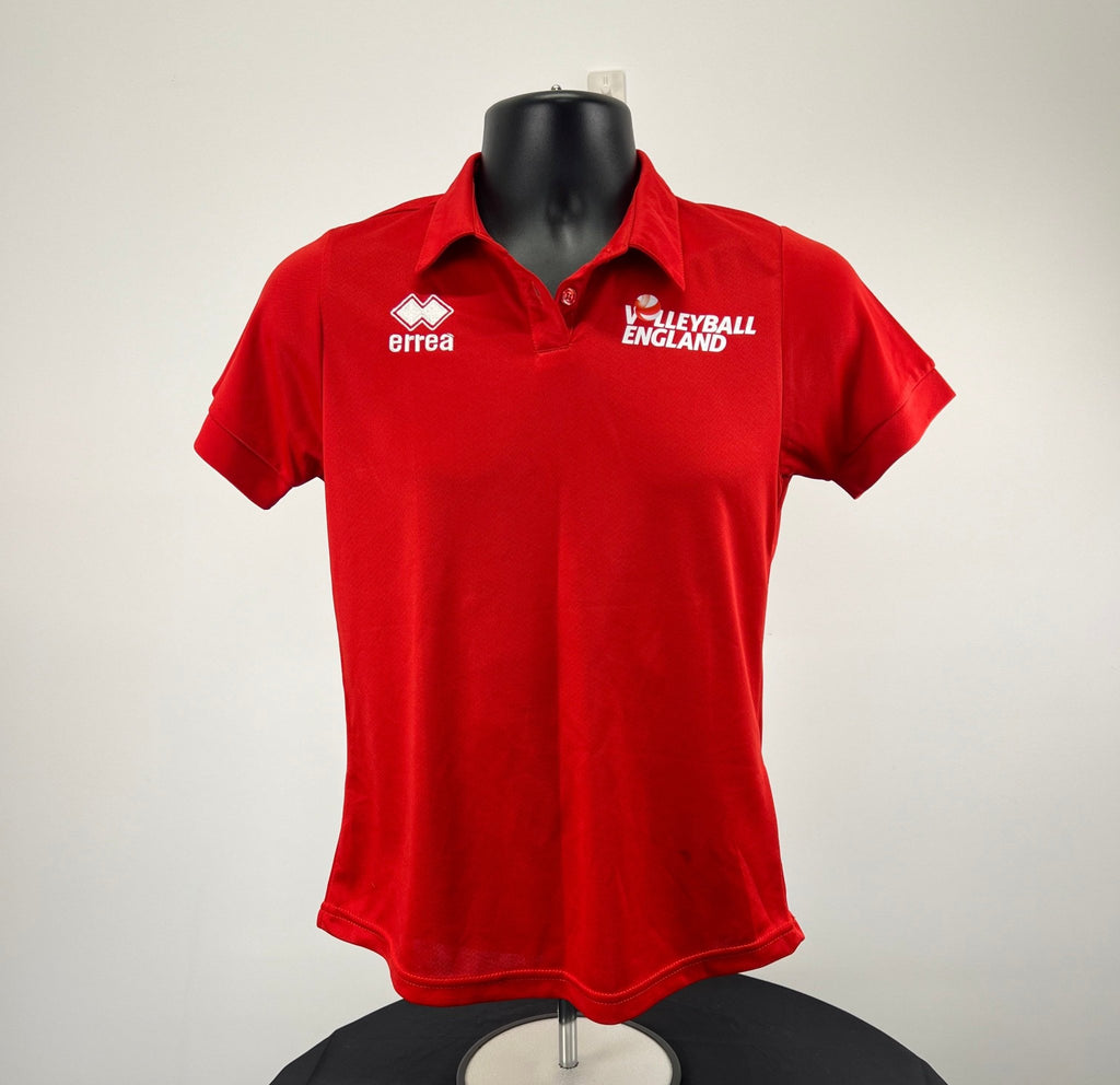Front view of Women's Volleyball England red polo shirt, size small