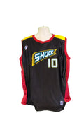 Front view of WNBA Shock No.10 basketball jersey with team logo and number on black, red, and yellow design.