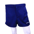 Front view of blue Yonex sports shorts with button and zip closure
