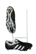 Pair of youth adidas adiPure black and white football boots with metal studs, shown from side and sole views