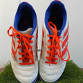 Front view of adidas Sala Football Boots in white with red stripes and blue lining