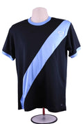 Front view of Nike Dri-Fit navy T-shirt with blue diagonal stripe XL youth